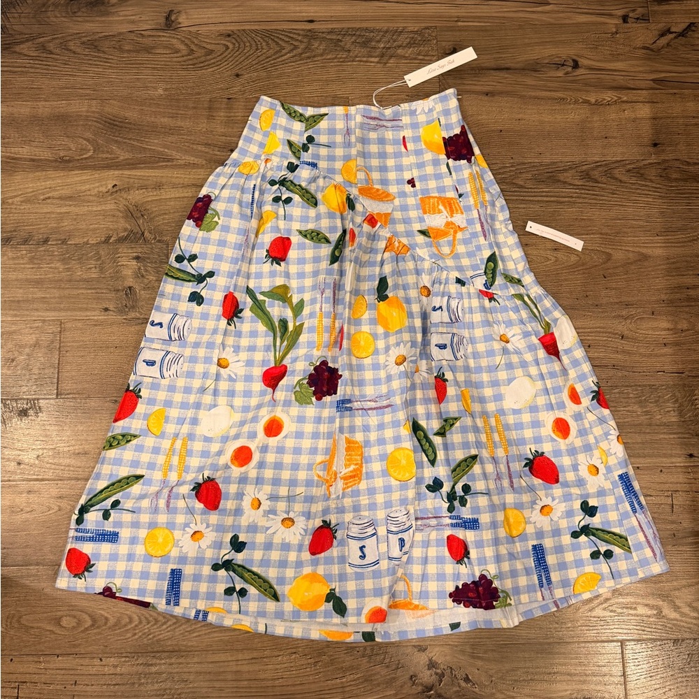 Lisa Says Gah Light Blue Gingham Fruit & Kitchen Print Midi Skirt